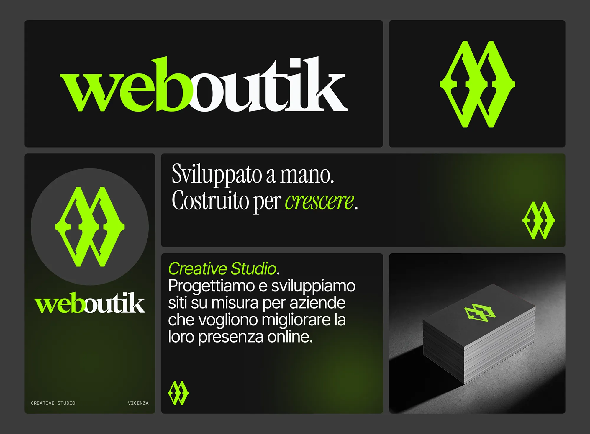 Applicazioni del brand Weboutik: wordmark e simbolo su sfondo scuro, il payoff «Sviluppato a mano. Costruito per crescere.», e biglietti da visita neri impilati con il simbolo in verde.