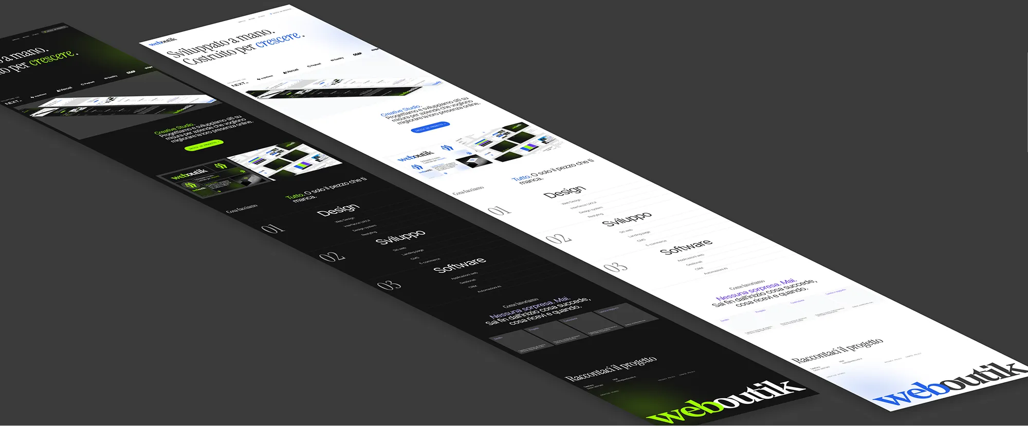 Anteprima del sito weboutik.it nei temi scuro e chiaro, con le sezioni hero, Creative Studio, Servizi e Metodo.